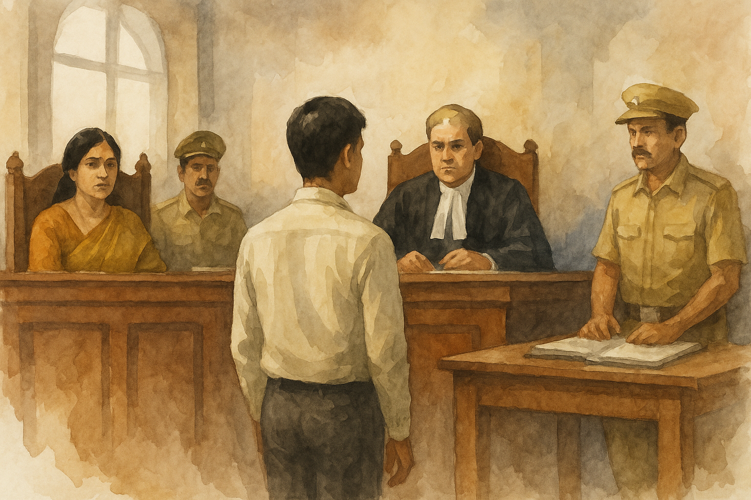 Watercolor illustration of an Indian court scene showing rejection of compassionate appointment claim after civil death declaration.