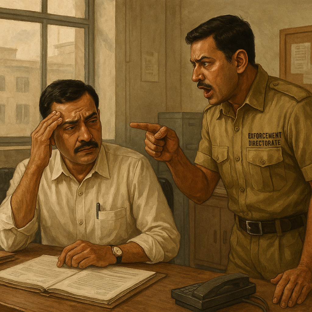 Realistic illustration of Enforcement Directorate officer disputing property attachment with a bank representative under PMLA in India.