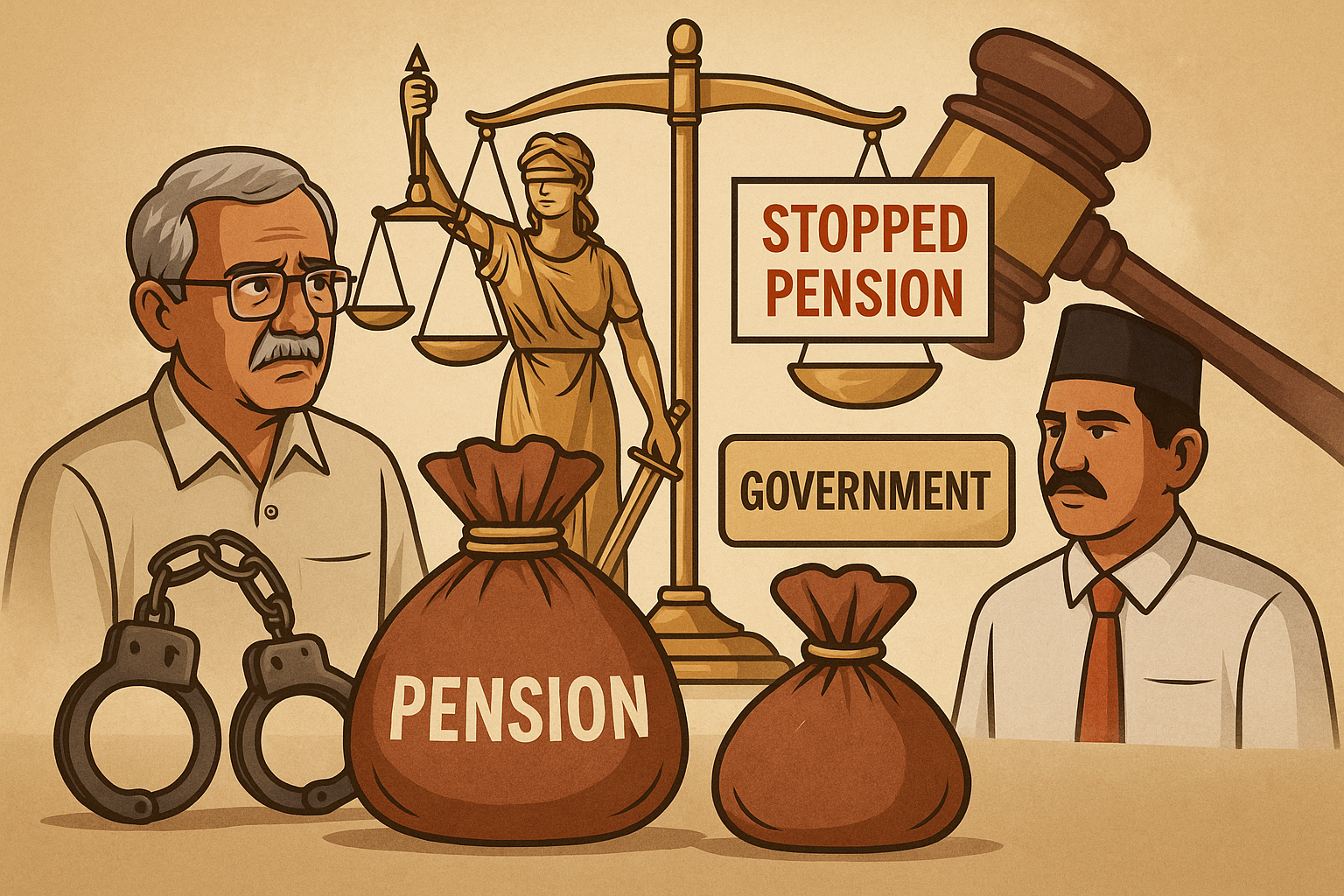 Illustration showing an Indian retired employee in dispute with the government over stopped pension, symbolizing Patna High Court’s 2021 judgment.