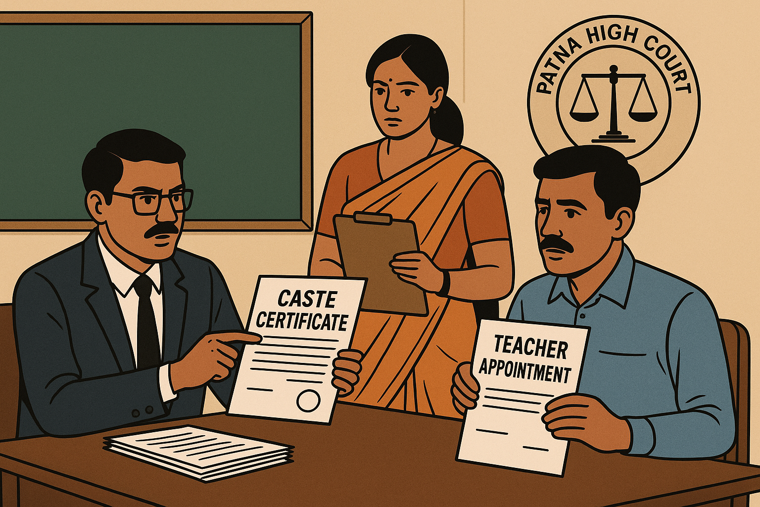 "Indian school recruitment scene symbolizing Patna High Court ruling on fake caste certificate and teacher appointment fraud"