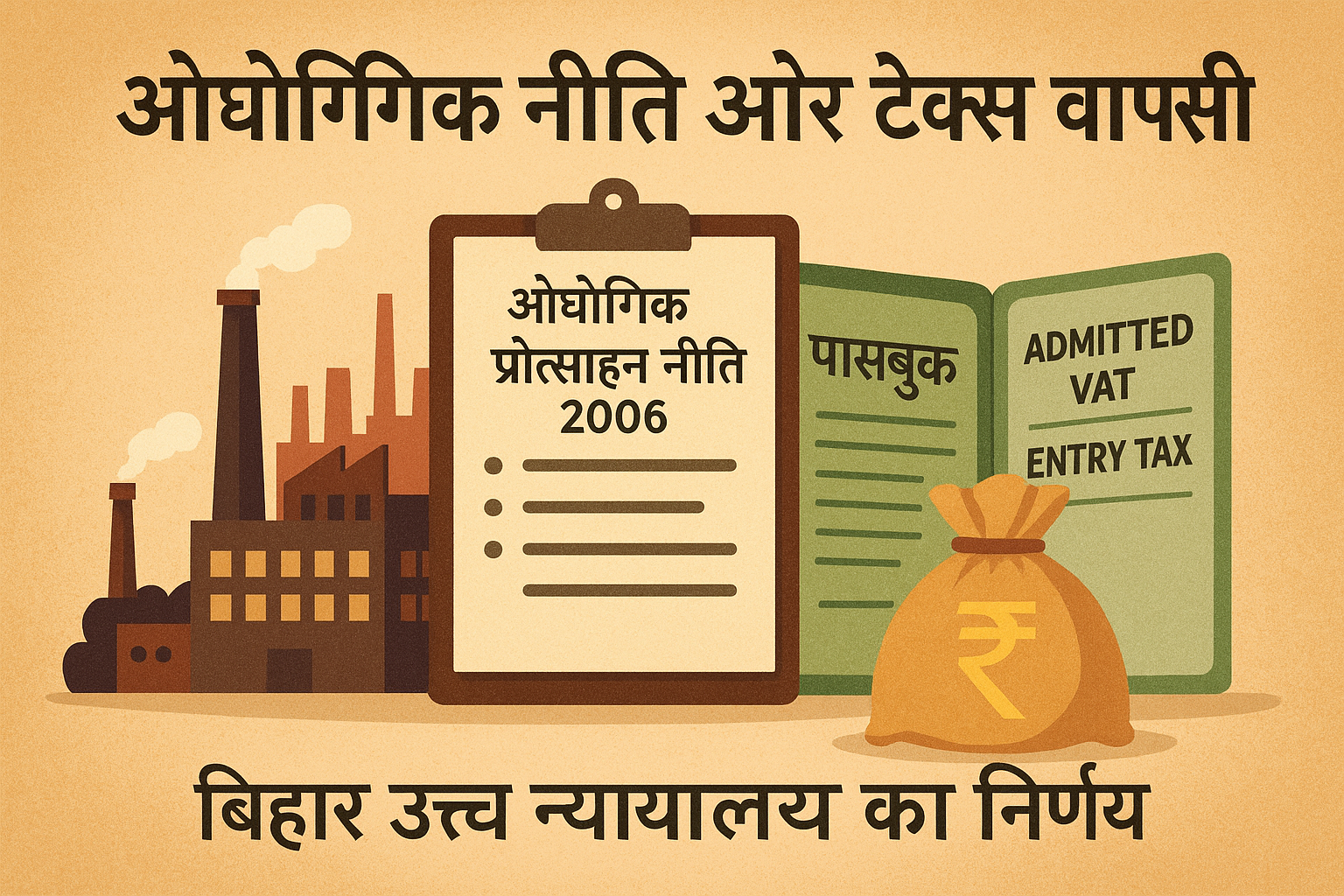 Illustration showing Bihar’s industrial policy, passbook, and Entry Tax reimbursement as interpreted by Patna High Court.