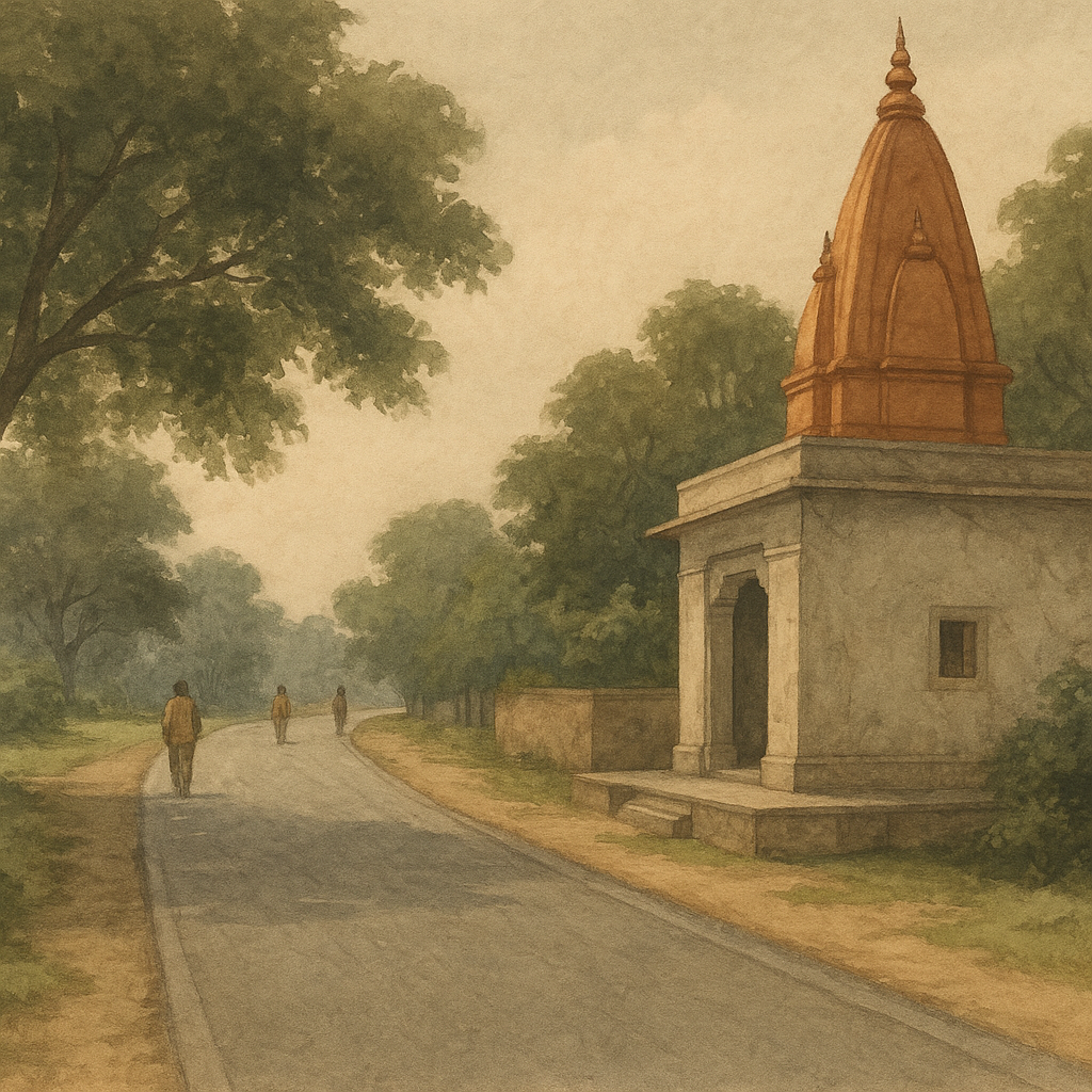 A rural Indian temple near a public road illustrating a Patna High Court case about disputed religious land and compensation claim