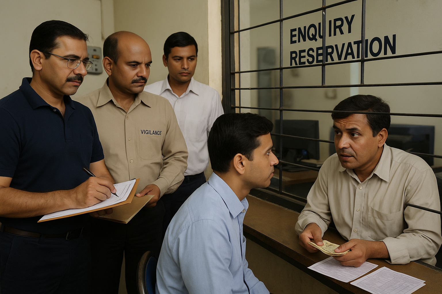 Realistic illustration of vigilance officers inspecting a railway reservation counter in India during a disciplinary inquiry.