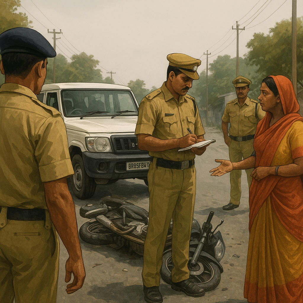 Police officers inspecting the site of an Indian road accident involving a Bolero vehicle and motorcycle as family members watch.