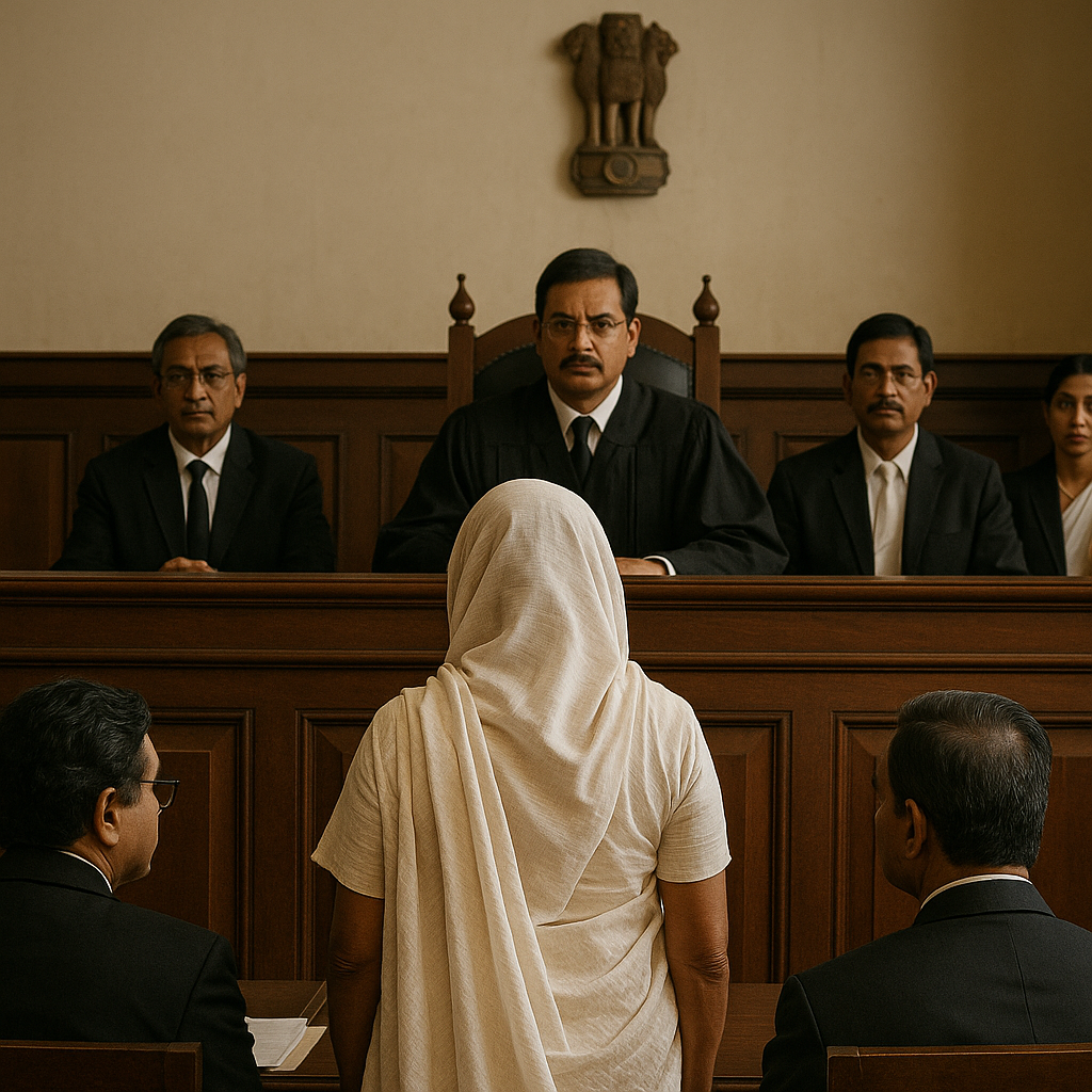 Indian courtroom illustration showing widow before judges in Patna High Court pension recovery case