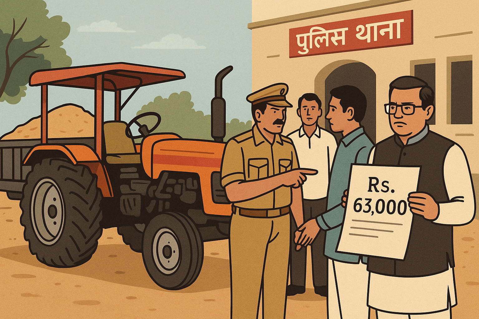 Illustration of tractor outside Indian police station showing officer and villagers disputing ₹63,000 fine in sand transport case.
