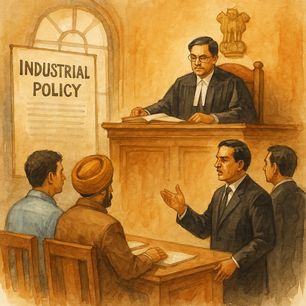 Watercolor illustration of an Indian courtroom where a judge hears a case on industrial policy incentives under Bihar Industrial Incentive Policy.