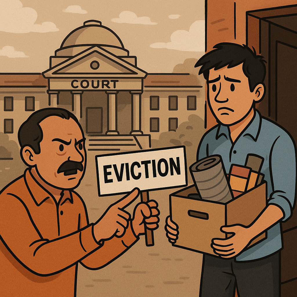 Illustration showing a landlord and tenant outside Patna court during eviction dispute, symbolizing High Court decision on stay of eviction decree.
