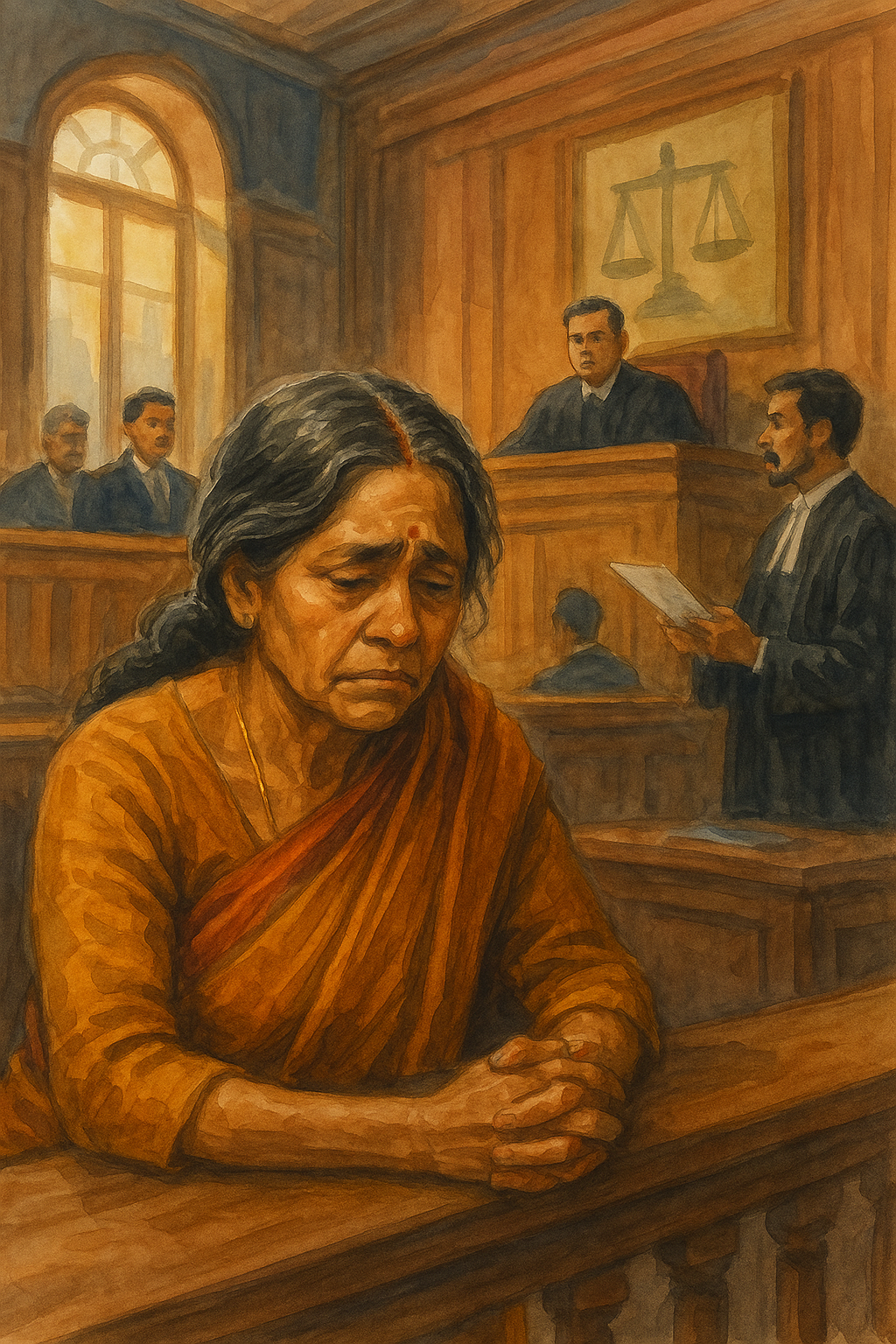 Realistic watercolor courtroom illustration showing an Indian widow seeking justice over wrongful pension recovery case in Patna High Court.
