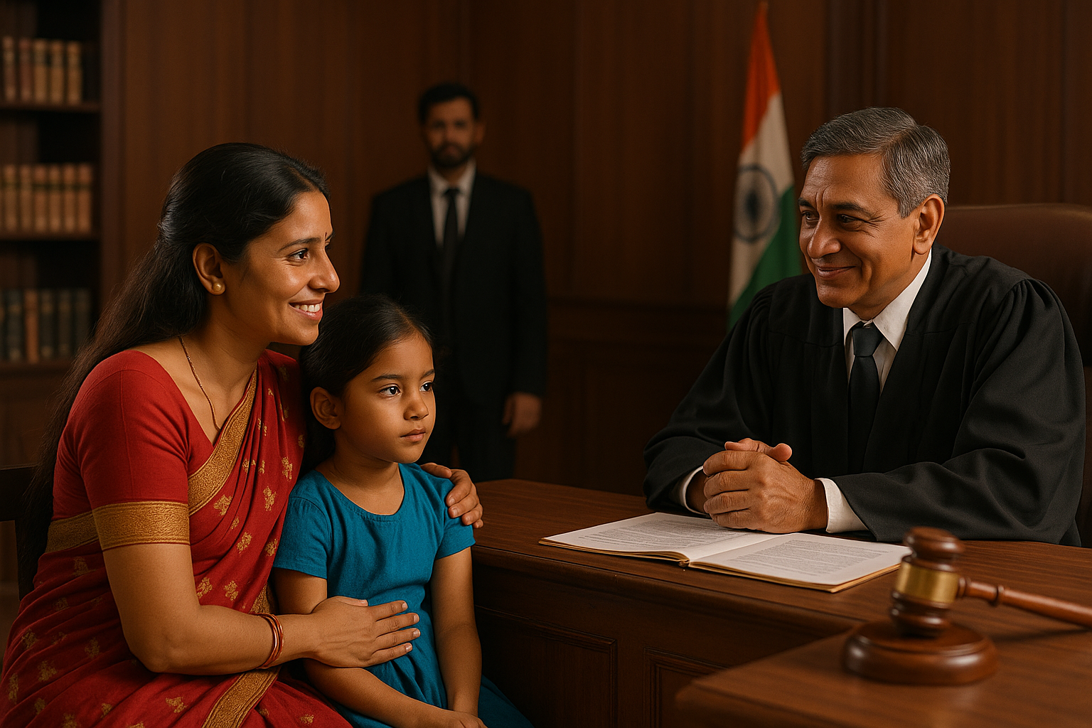 Courtroom illustration showing mother and daughter receiving justice in maintenance case decided by Patna High Court