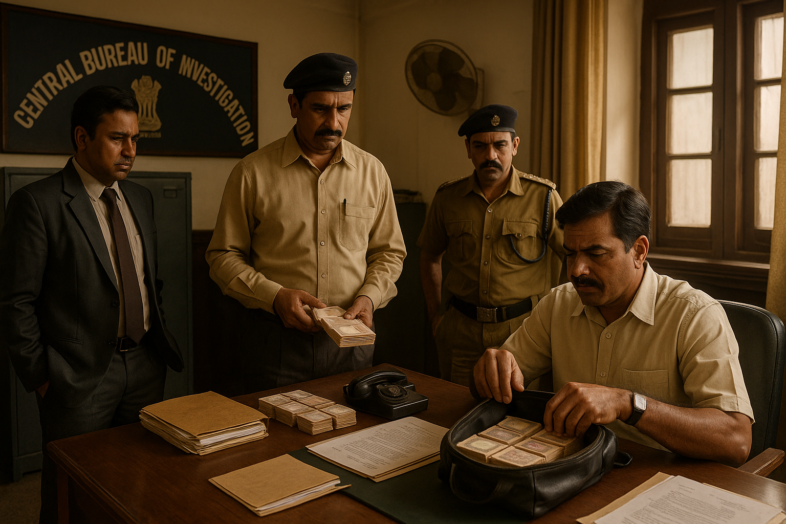 Illustration showing a tax dispute resolution hearing under an amnesty scheme in an Indian government office setting