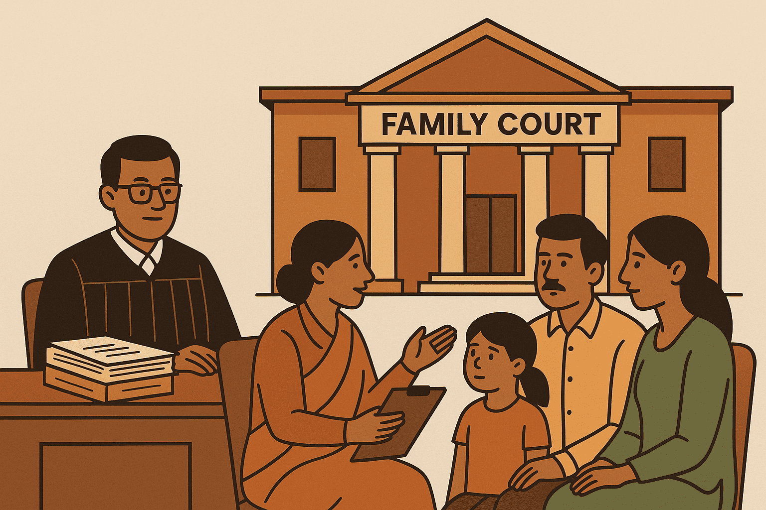 Realistic illustration of a woman and child outside an Indian family court, symbolizing a maintenance and paternity dispute decided by the Patna High Court.