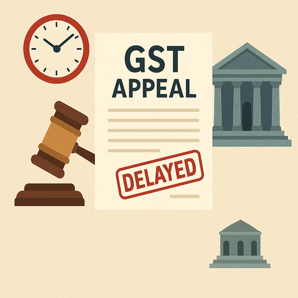 Illustration of a GST appeal document and courthouse symbolizing delayed GST appeal relief by Patna High Court.