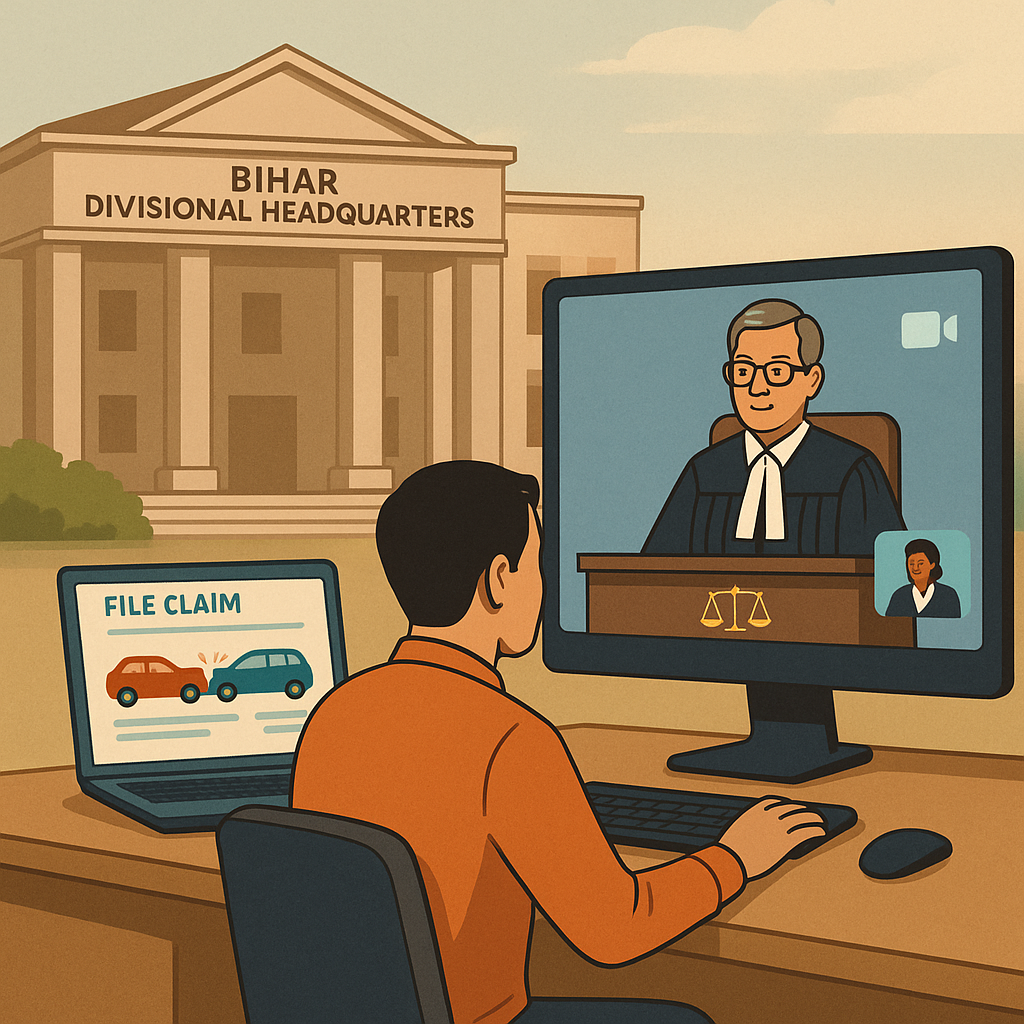 Digital illustration showing an online motor accident claim hearing before Bihar Motor Accident Claims Tribunal via video conference at a divisional office.