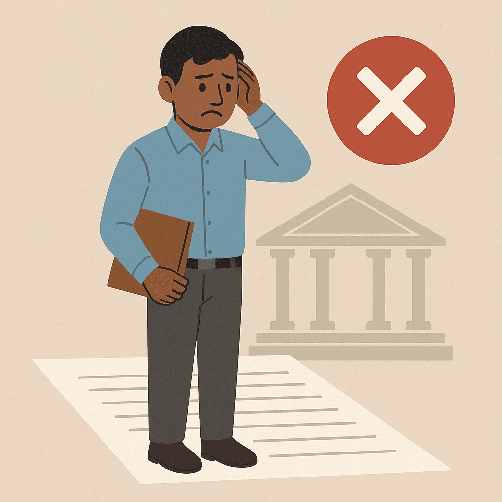 A realistic illustration of an Indian job applicant standing before a government building, reflecting rejection due to updated qualification rules.
