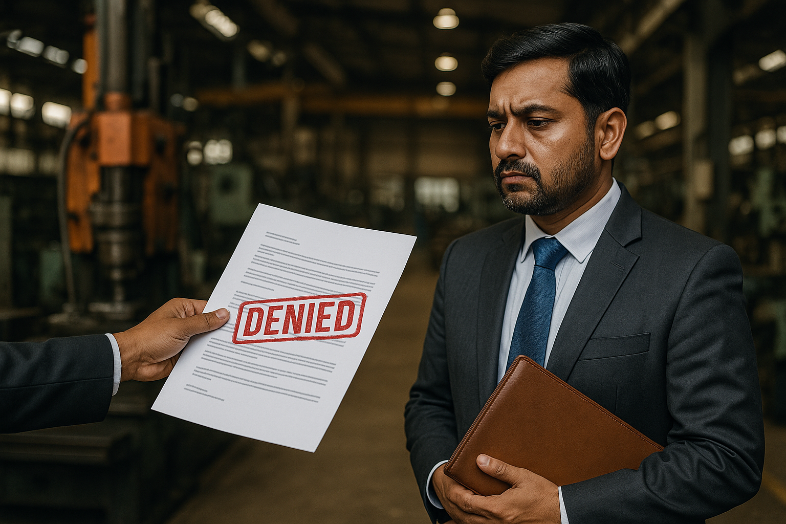 Indian businessman in a factory receiving rejection letter symbolizing industrial incentive dispute decided by Patna High Court.