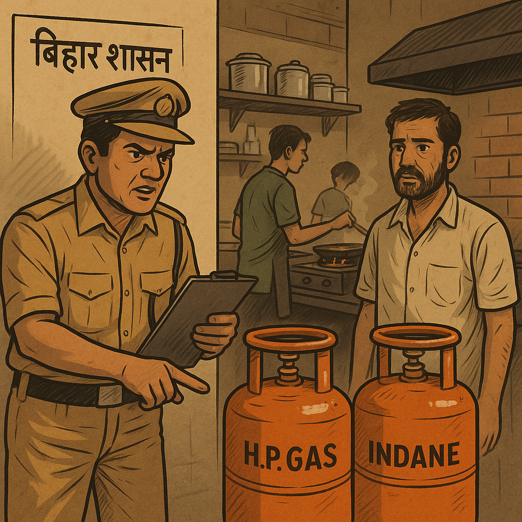 Illustration showing Bihar officer inspecting LPG cylinders at a restaurant during enforcement under the Essential Commodities Act.