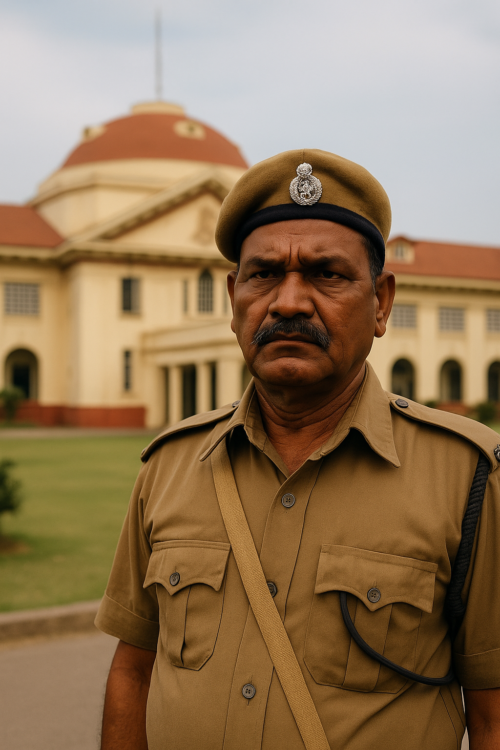 Middle-aged Indian Home Guard standing outside Patna High Court symbolizing dispute over date of birth and retirement issue.