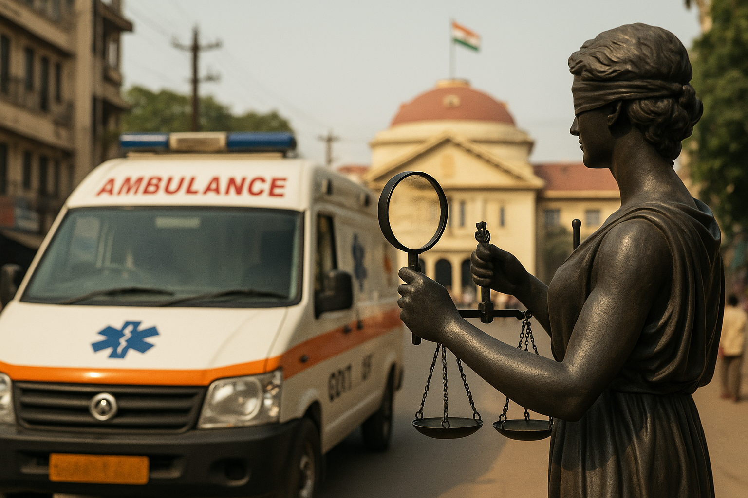 Courtroom illustration showing justice inspecting a government ambulance outside Patna High Court, symbolizing review of public tender fairness.