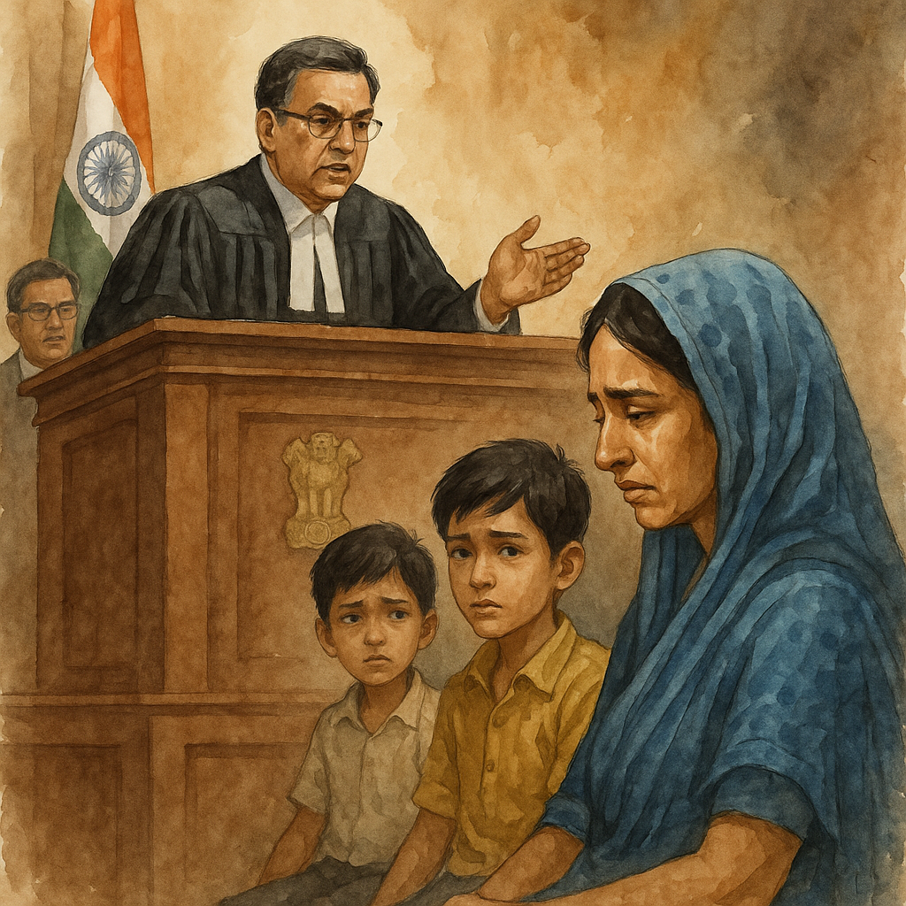 A courtroom watercolor showing an Indian judge delivering judgment to a grieving widow and her children about wrongful pension recovery.
