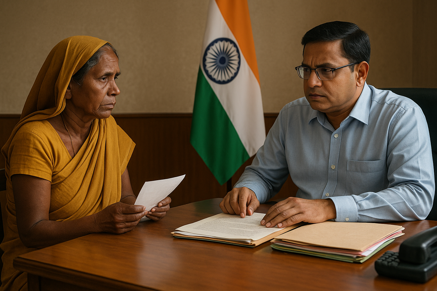 An Indian government officer reviewing compassionate appointment documents with a worried woman seeking help in a Bihar office setting.