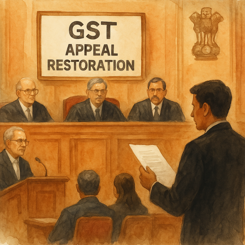 Courtroom illustration showing GST registration dispute resolved by Patna High Court for a small business owner