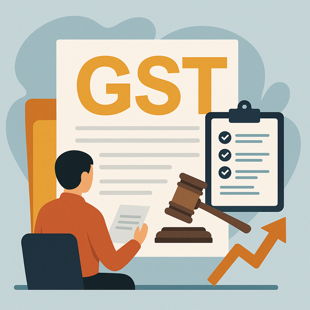 Illustration showing a small Indian trader affected by GST registration cancellation being heard in Patna High Court