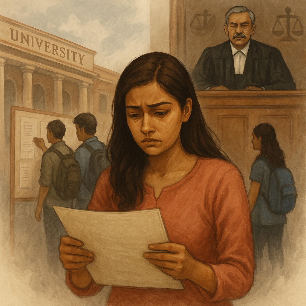 A realistic illustration showing Indian university students anxious over delayed exam results, symbolizing a Patna High Court ruling on result delays.
