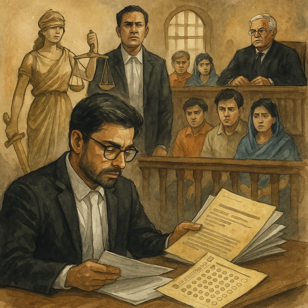 Indian courtroom illustration showing lawyers and candidates during a BPSC APO exam dispute decided by Patna High Court.