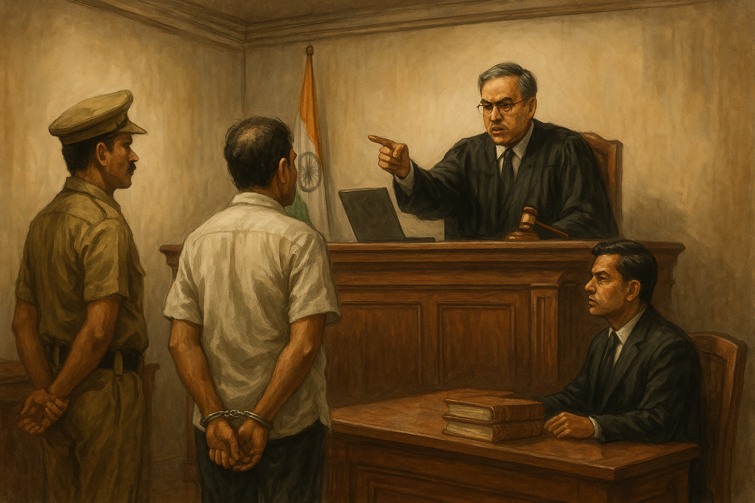 Realistic Indian courtroom scene showing wrongful arrest and compensation decision by Patna High Court.