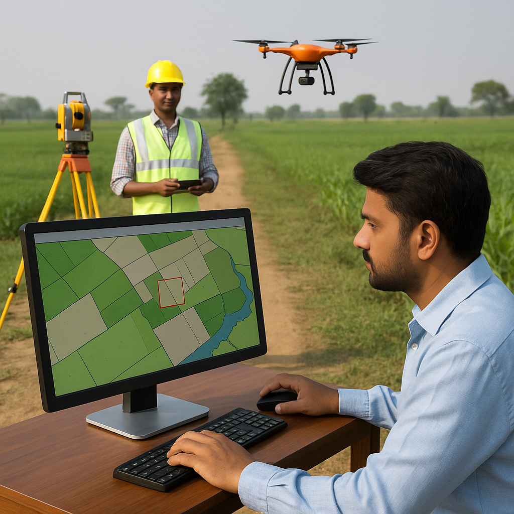 Field survey and mapping in rural Bihar using drone and computer during land record modernization under Patna High Court monitored project.