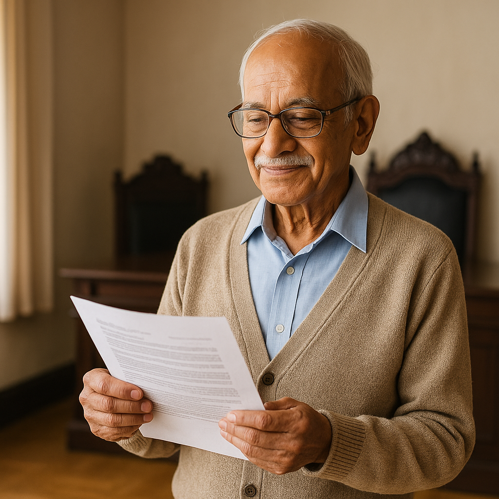 Elderly retired Indian teacher reading court document with relief after Patna High Court judgment on pension recovery.