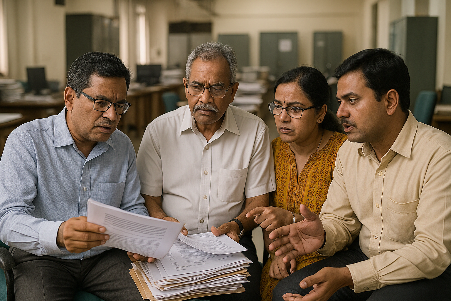 Group of Indian government office employees discussing salary documents, symbolizing pay anomaly dispute decided by Patna High Court.