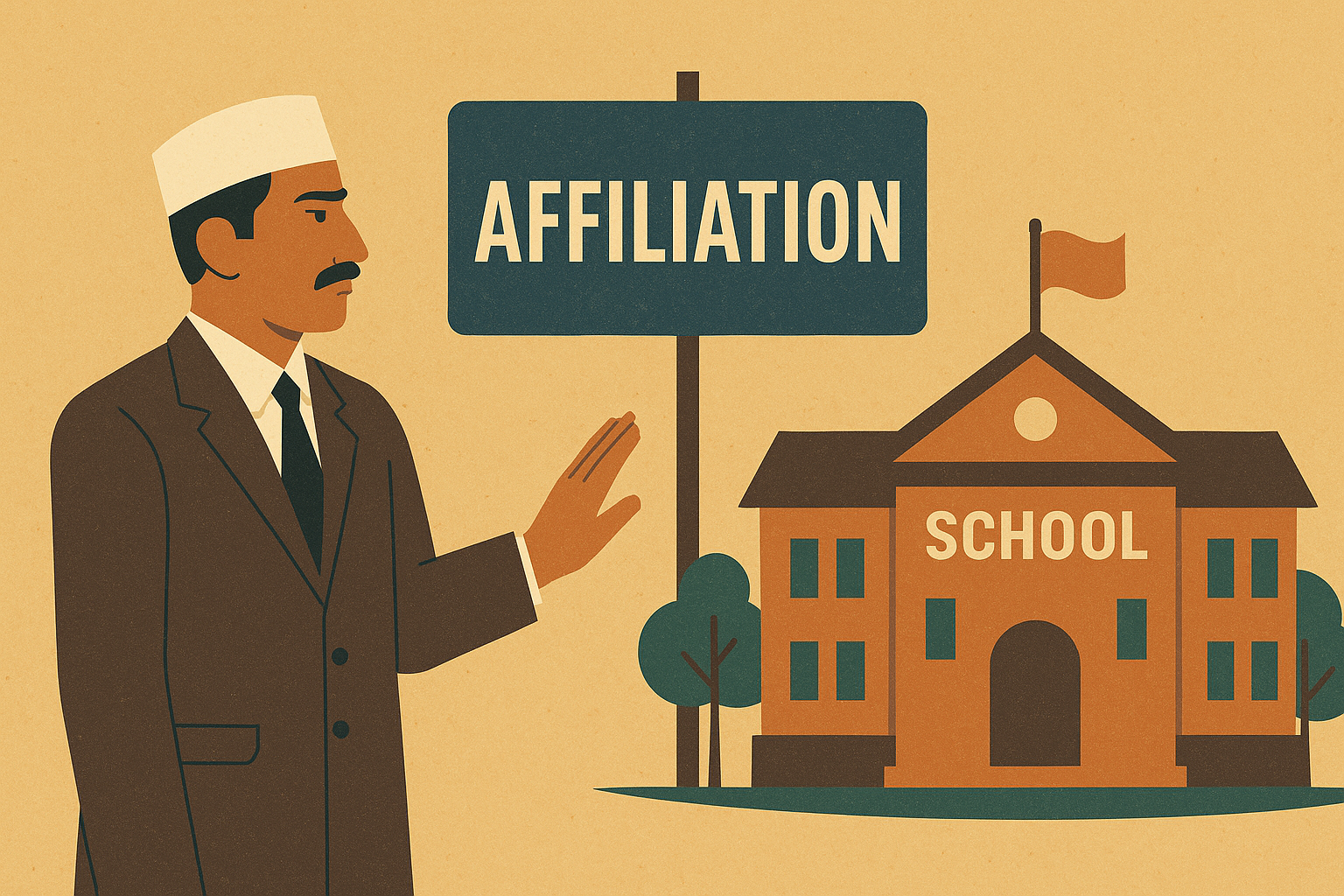 Realistic illustration showing an Indian education board official halting a school affiliation decision, symbolizing Patna High Court ruling on Madarsa Board authority.