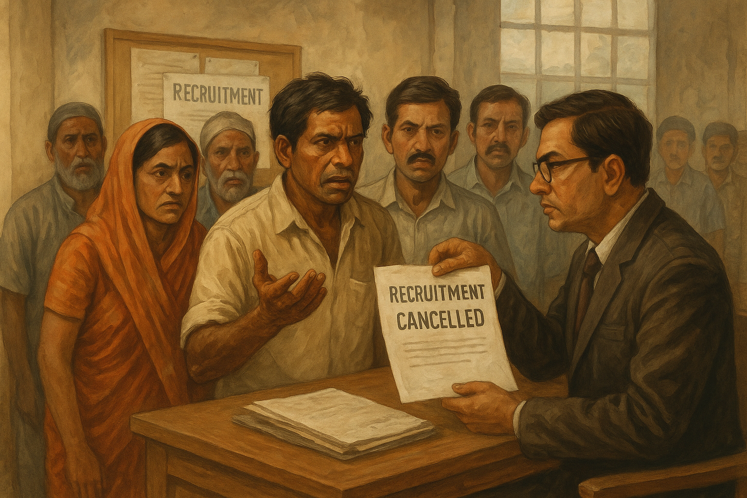 Illustration showing Indian job seekers confronting an official over recruitment cancellation, reflecting fairness in public employment.