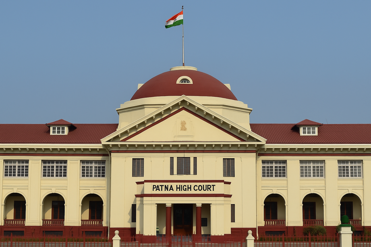 Front view of Patna High Court building illustrating judgment on pension recovery and hearing rights