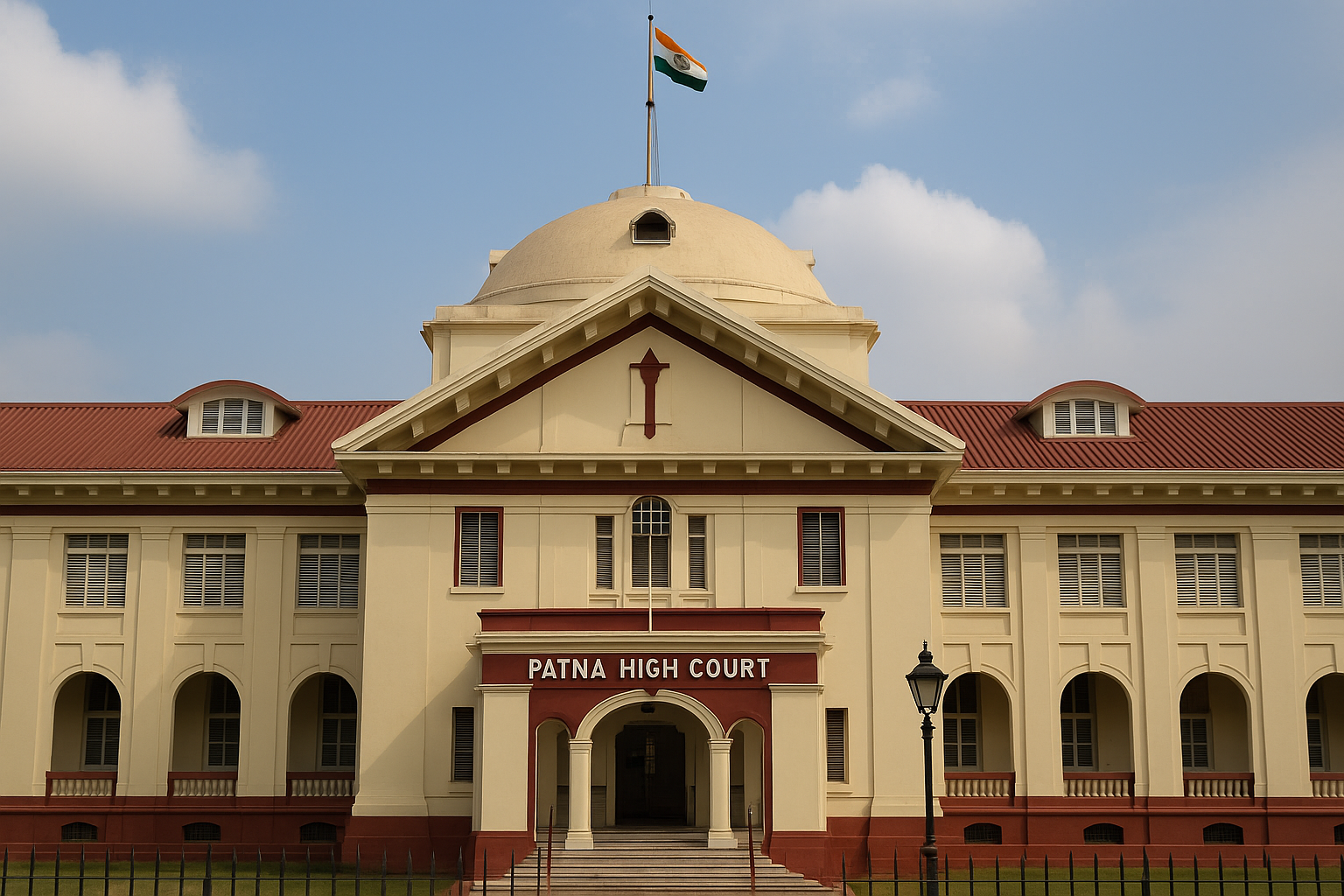 Front view of Patna High Court building representing judgment on employment rights of SBI canteen workers.