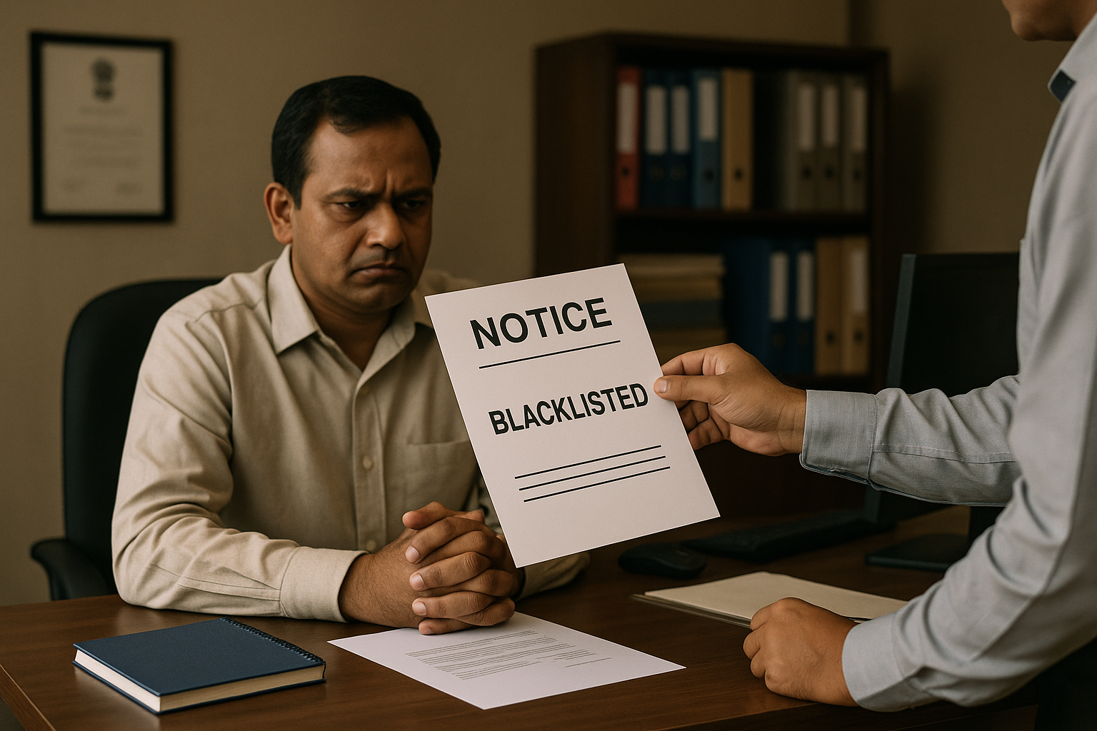 Realistic illustration of an Indian government official handing a blacklisting notice to a contractor inside an office, symbolizing administrative action and fairness.