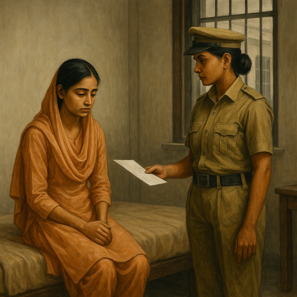 Watercolor illustration of an Indian short stay home where a policewoman supervises a young woman sitting quietly, symbolizing judicial custody and protection.