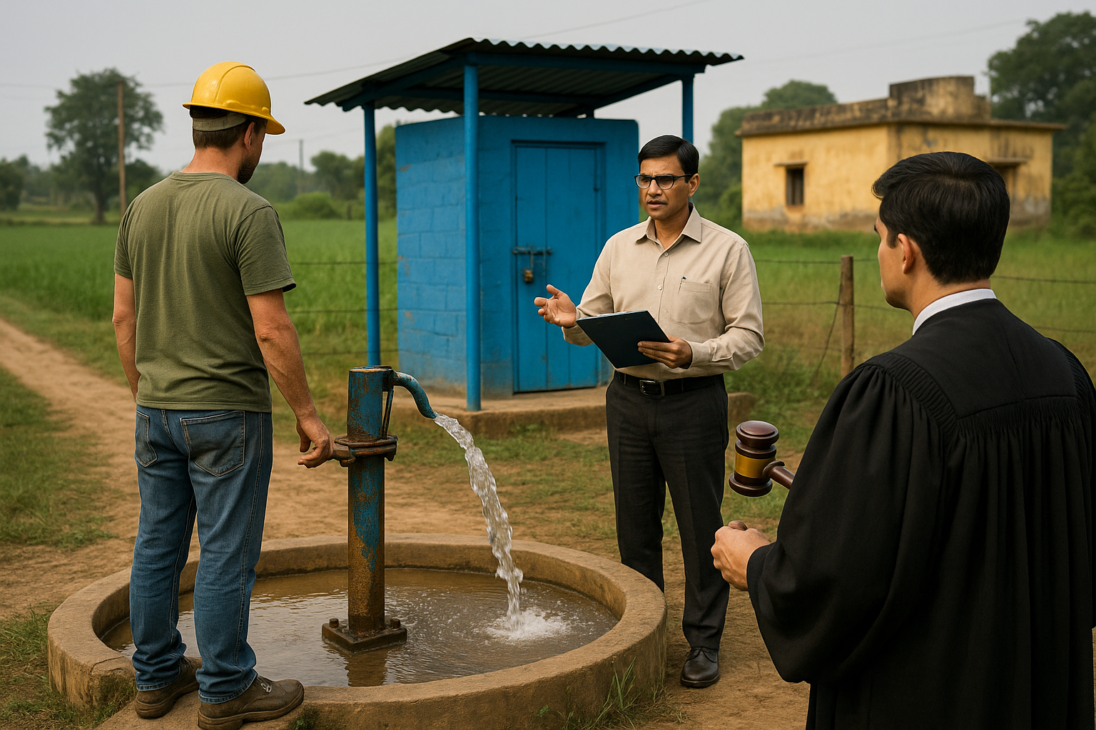 Realistic illustration of a rural Bihar water supply site where engineers and a contractor discuss work under judicial supervision after Patna High Court ruling.