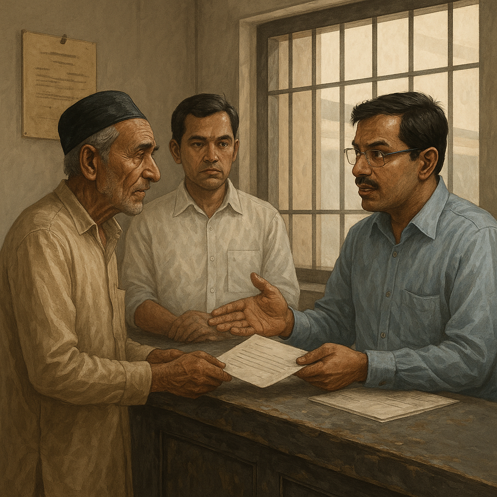 Realistic illustration of an elderly man at a government licensing office in rural Bihar discussing old licence records under a new policy regime.