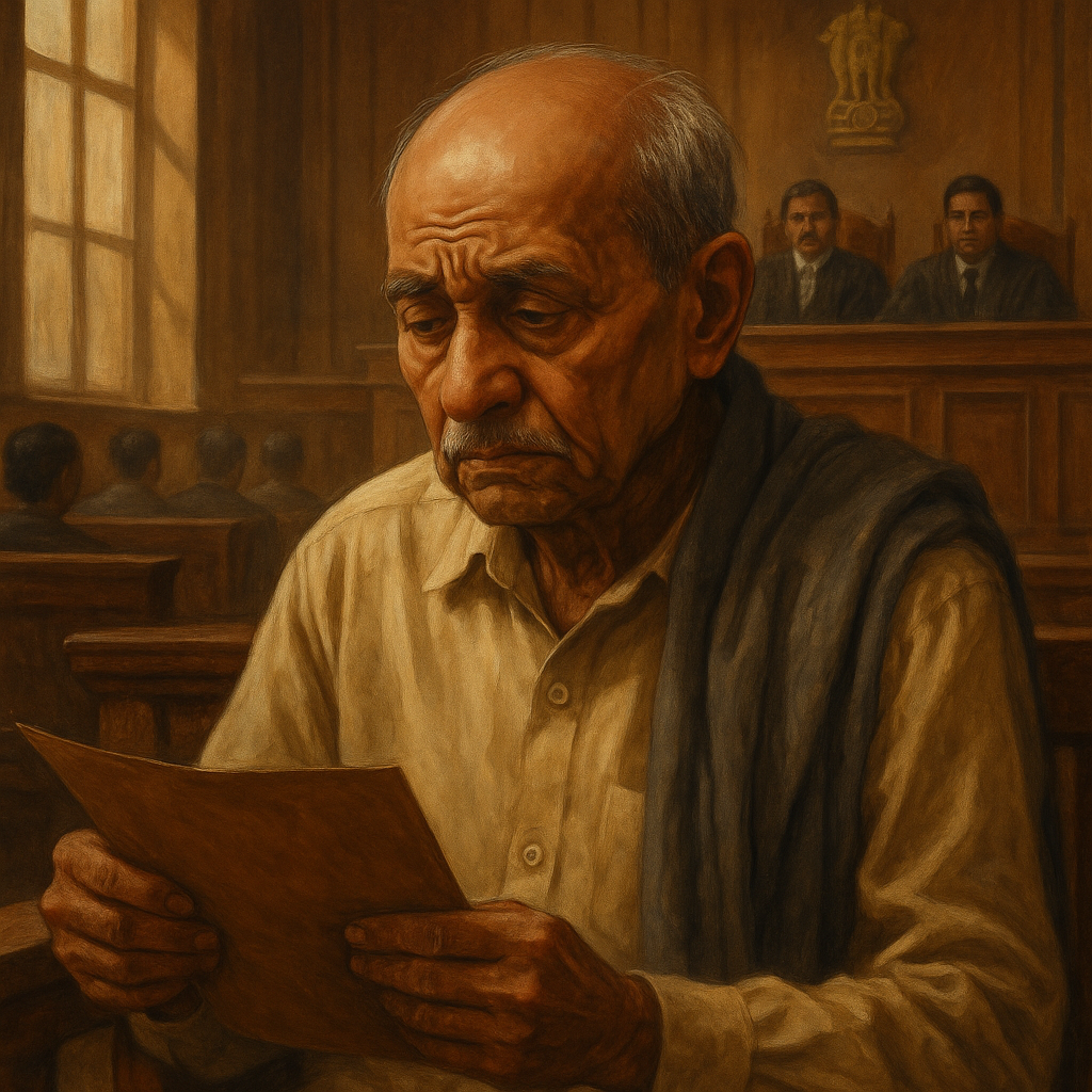 Elderly man reading court document in Indian courtroom after Patna High Court pension relief judgment.