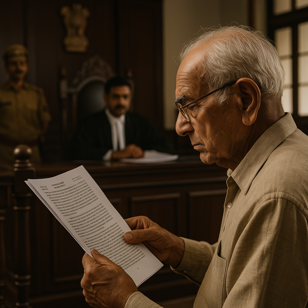 Elderly man reading legal document in Indian courtroom after Patna High Court pension cut judgment.