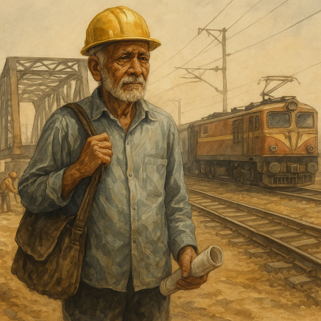 Watercolor illustration showing an elderly Indian railway worker symbolizing long ad-hoc service and pension rights issue decided by Patna High Court.