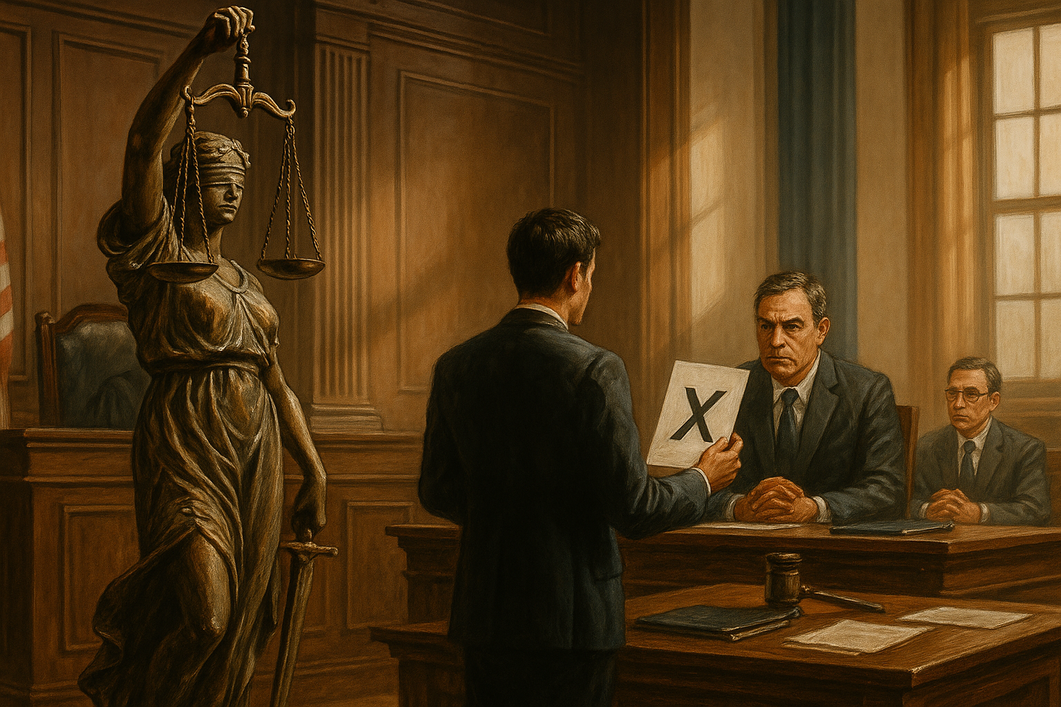 Courtroom illustration showing judge reviewing a dispute over cancellation of a hotel tender by a government authority in Bihar.