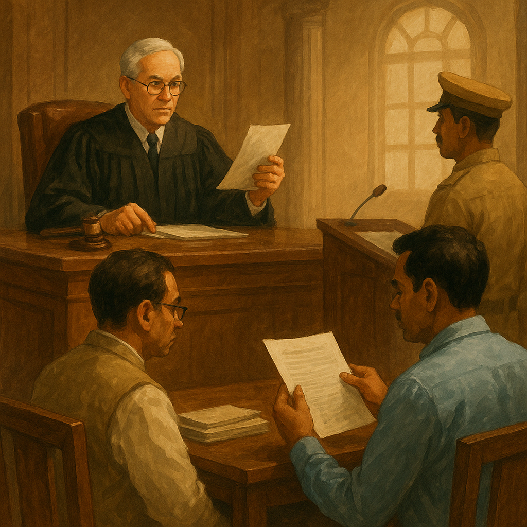 Courtroom illustration depicting Patna High Court hearing a dispute over cancellation of Mid-Day Meal contractor selections in Bihar.
