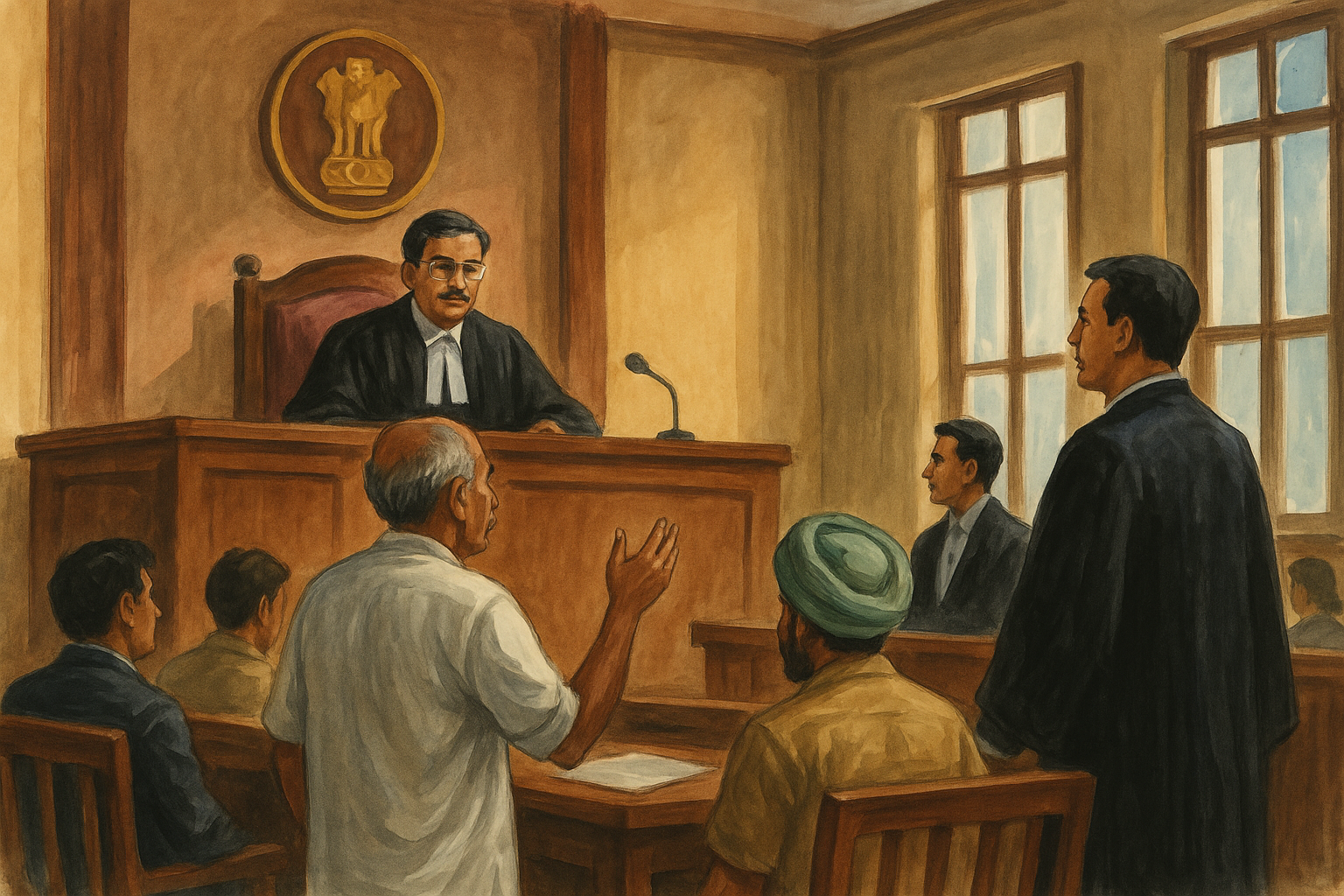 Courtroom illustration showing Patna High Court judge hearing a case about a false claim under the Freedom Fighter Pension Scheme in Bihar.