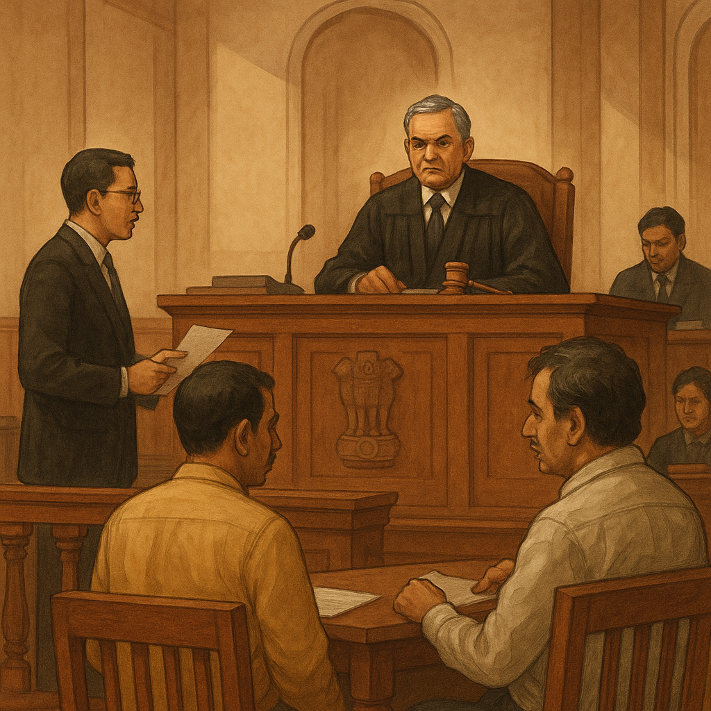 Courtroom illustration showing Patna High Court judge hearing a landlord-tenant eviction dispute under Bihar Rent Control Act.