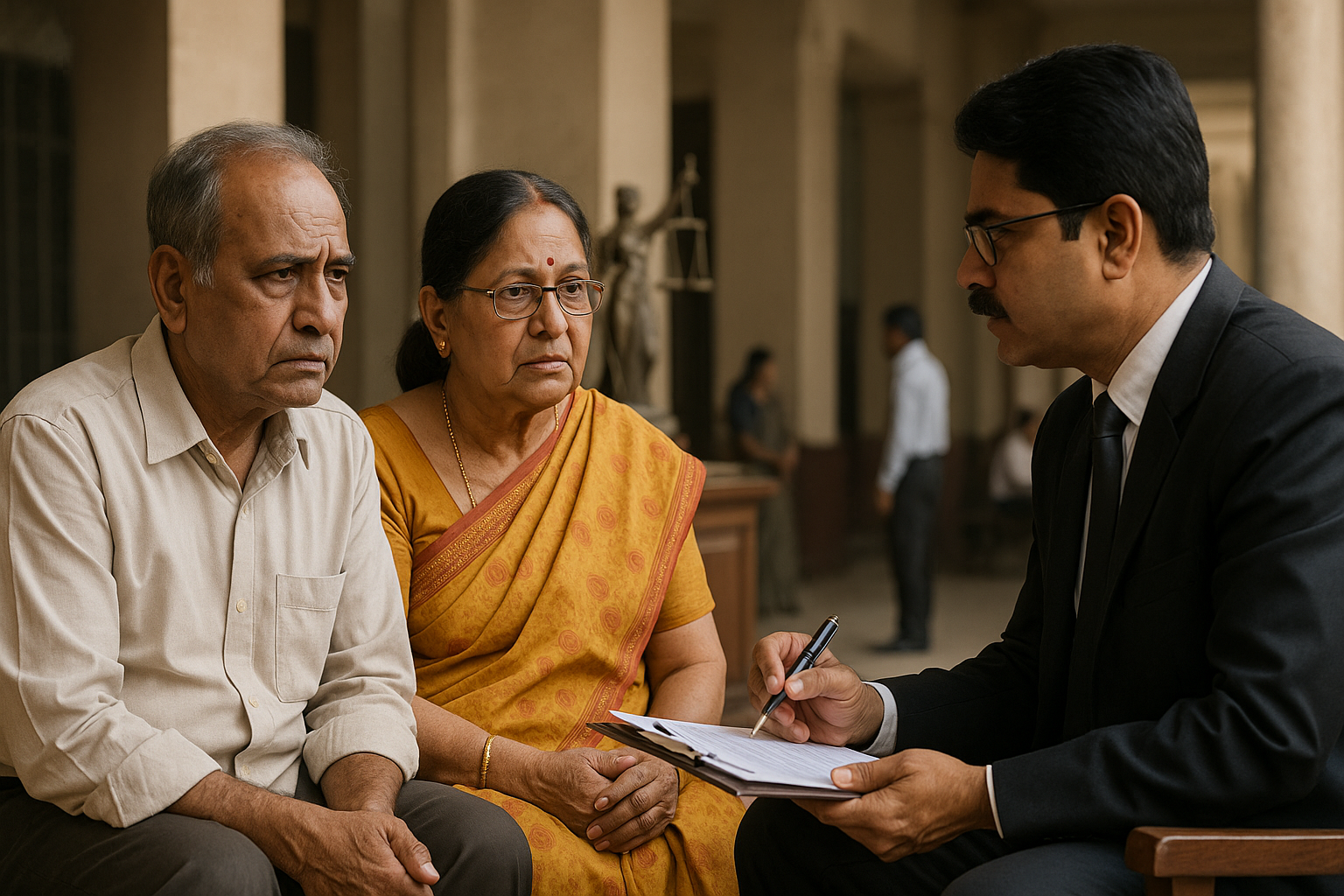 Elderly couple consulting lawyer in Patna court about eviction of abusive children from their house.