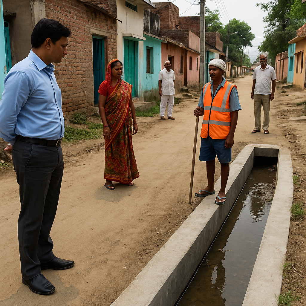 A rural Indian street scene showing a dispute over road and drainage construction examined by officials, symbolizing Patna High Court’s 2022 judgment.